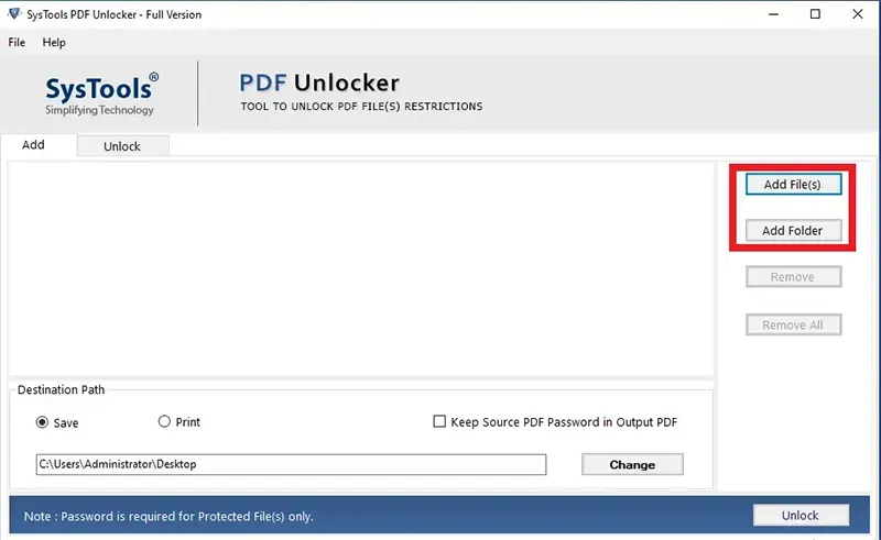 Add files to Remove Owner Level password from PDF
